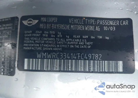 2004 Mini Cooper from USA, damaged, VIN WMWRC33414TC49782